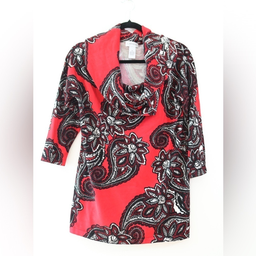 Carmen Marc Valvo Red and Black Relaxed Graphic Tunic Sz XL